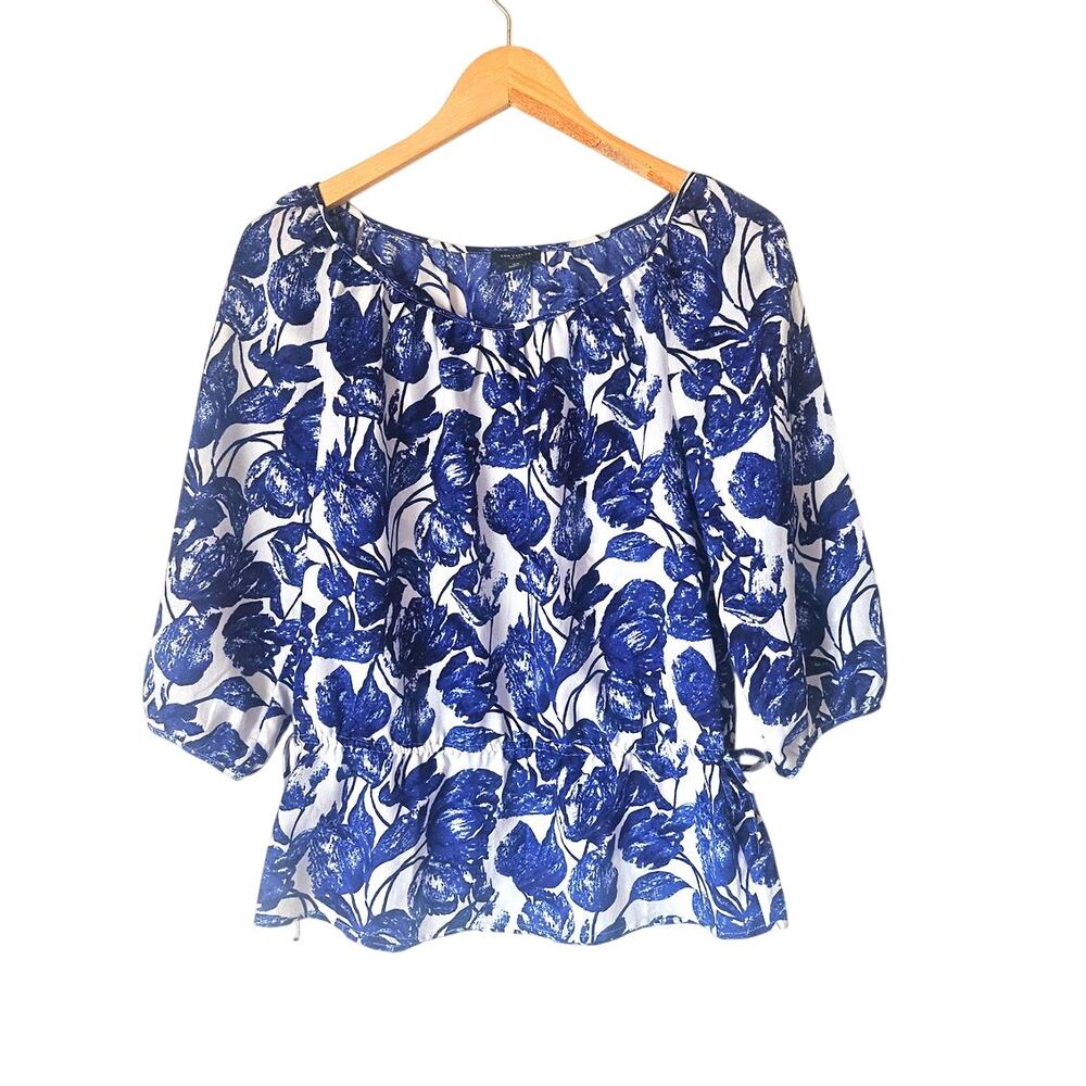 Ann Taylor Blue White Floral Print Peplum Waist Blouse Bohemian Feminine Size XS